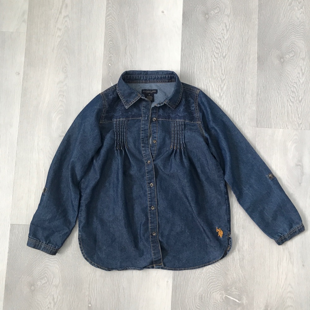 US POLO ASSN BLUE DENIM SHIRT PLEATED BLOUSE LONG SLEEVE GIRLS 10